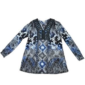 World Unity Womens Shirt Blouse Top Size XL Black Blue Long Sleeve Sublimation